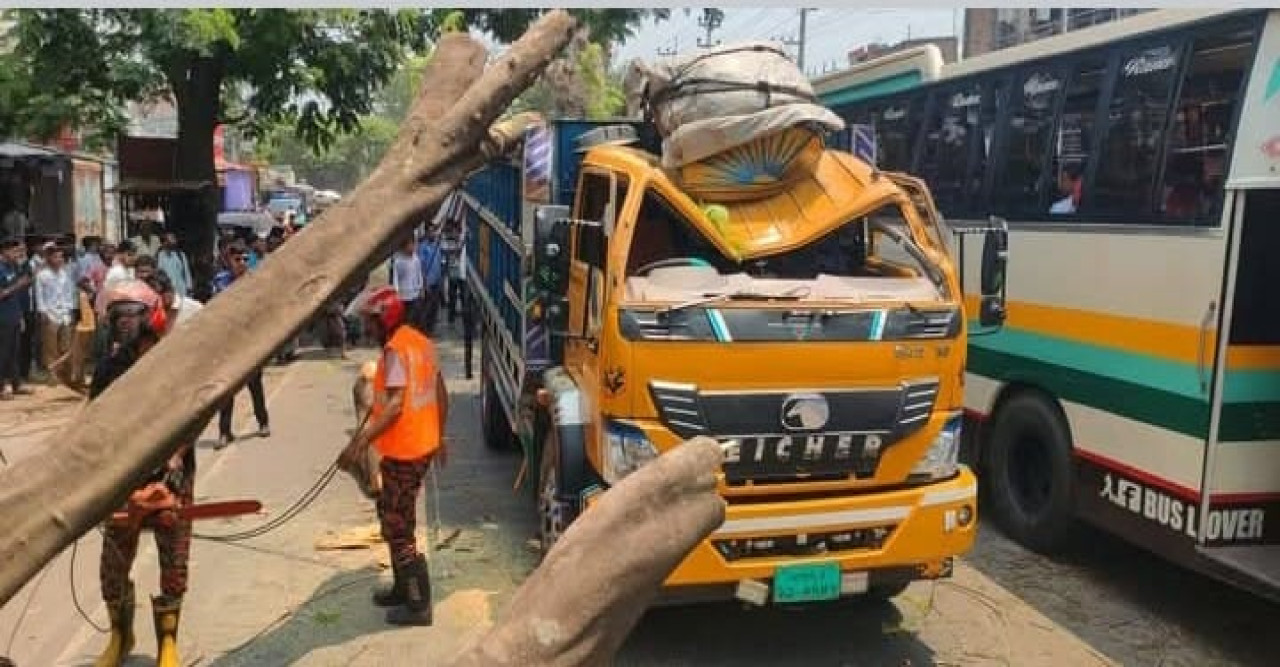 যশোর-বেনাপোল মহাসড়কে চলন্ত ট্রাকের উপর ভেঙে পড়লো গাছ