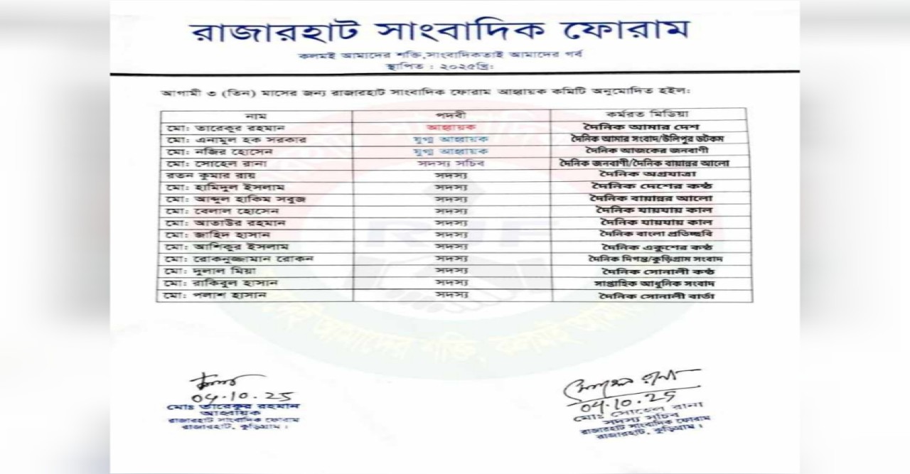 কুড়িগ্রামে রাজারহাট উপজেলায়,রাজারহাট সাংবাদিক ফোরামের আহ্বায়ক কমিটি গঠন